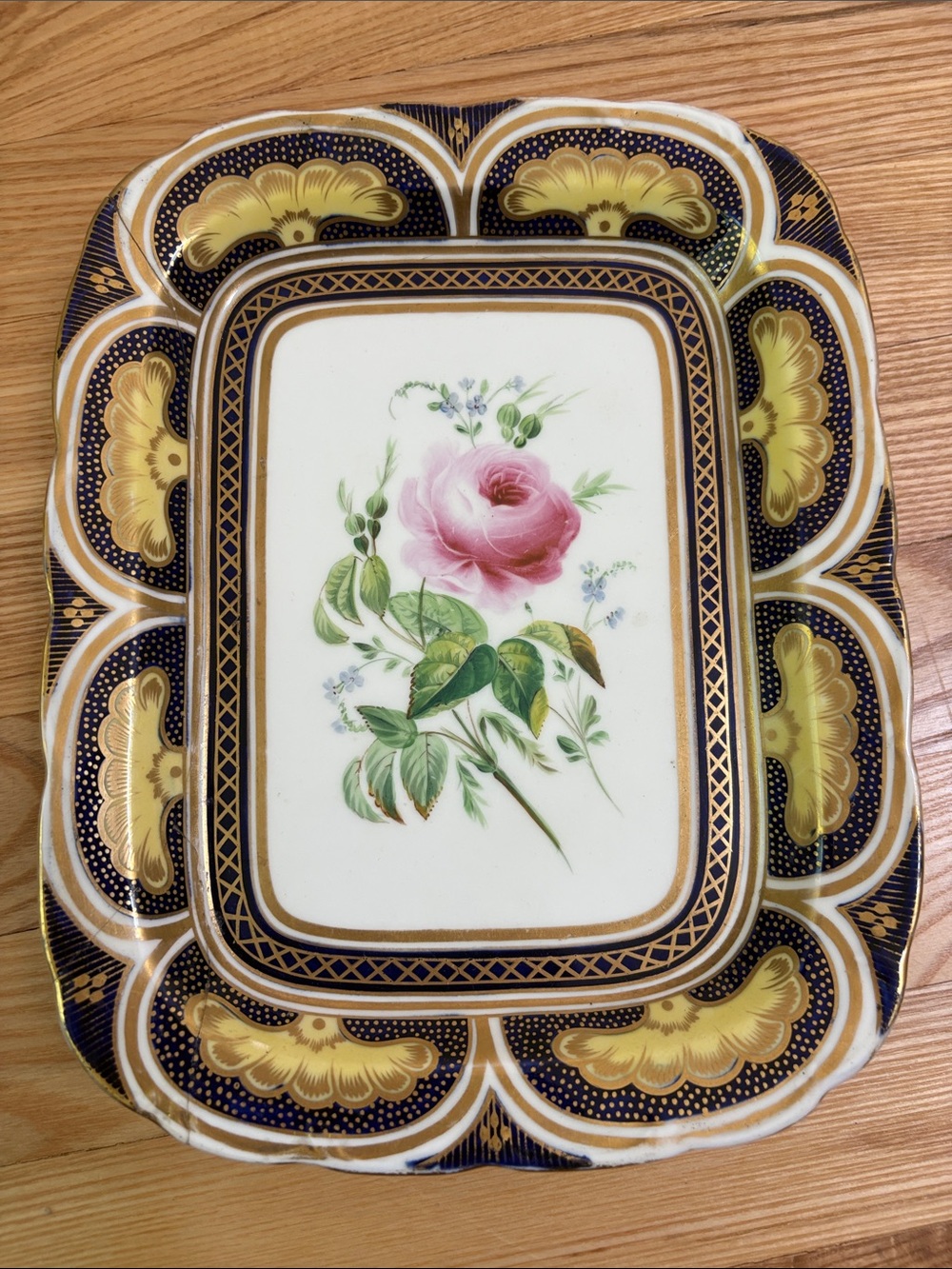 Antique Staple Repair Hand Painted Pink Rose Porcelain Serving Tray 1800s